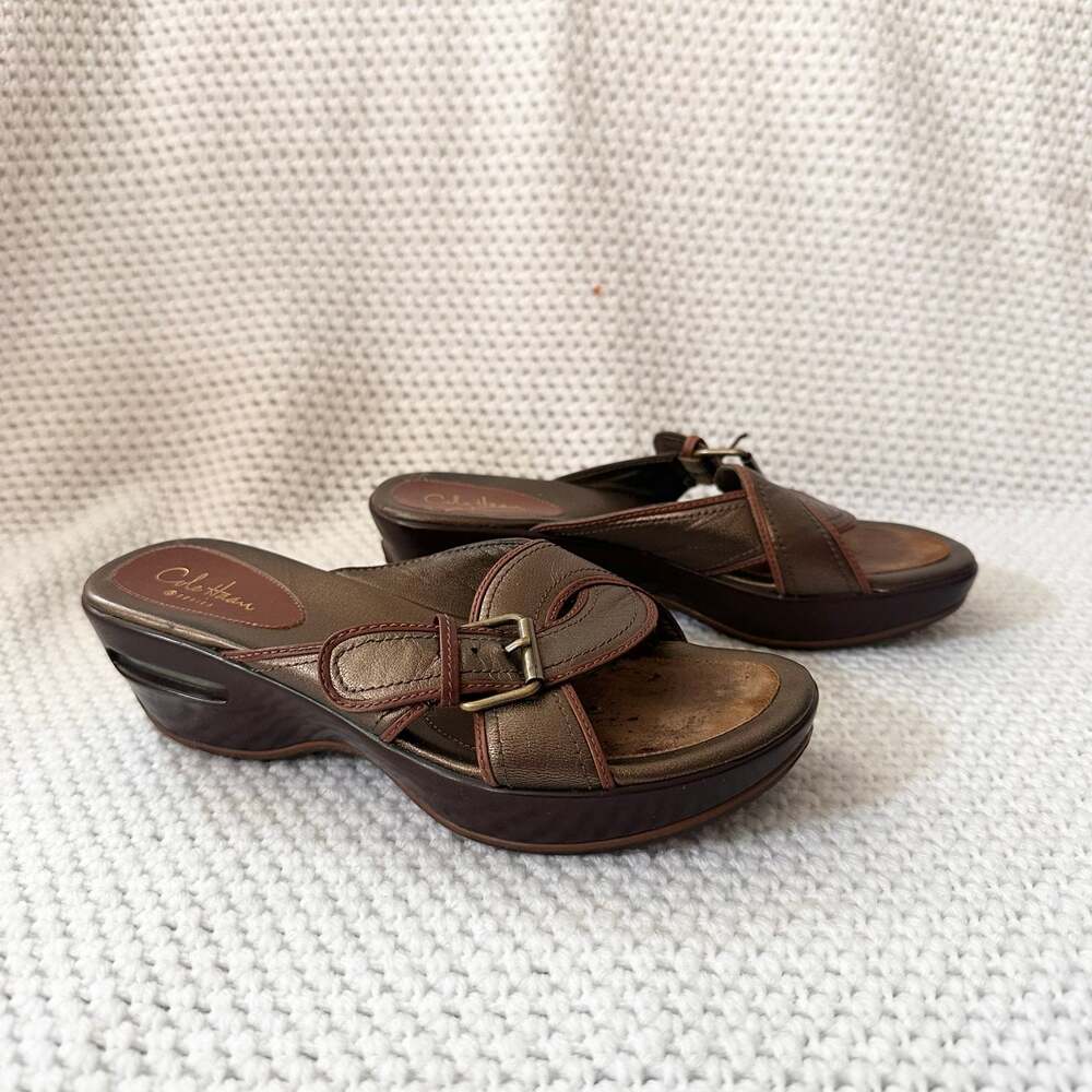 Cole Haan Nike Air Vintage Y2K Platform Low Wedge Bronze Crossover Strap Slides